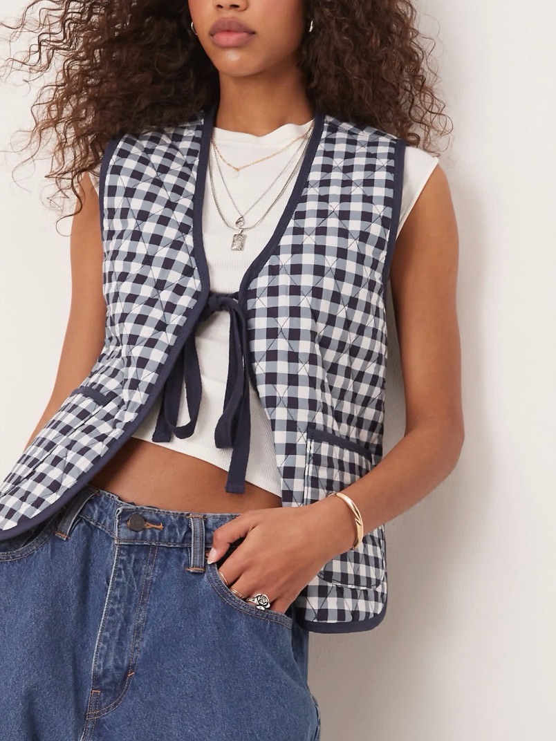 Free People Claudine Gingham Tie-Front Quilted Vest In Navy And White Size Xs